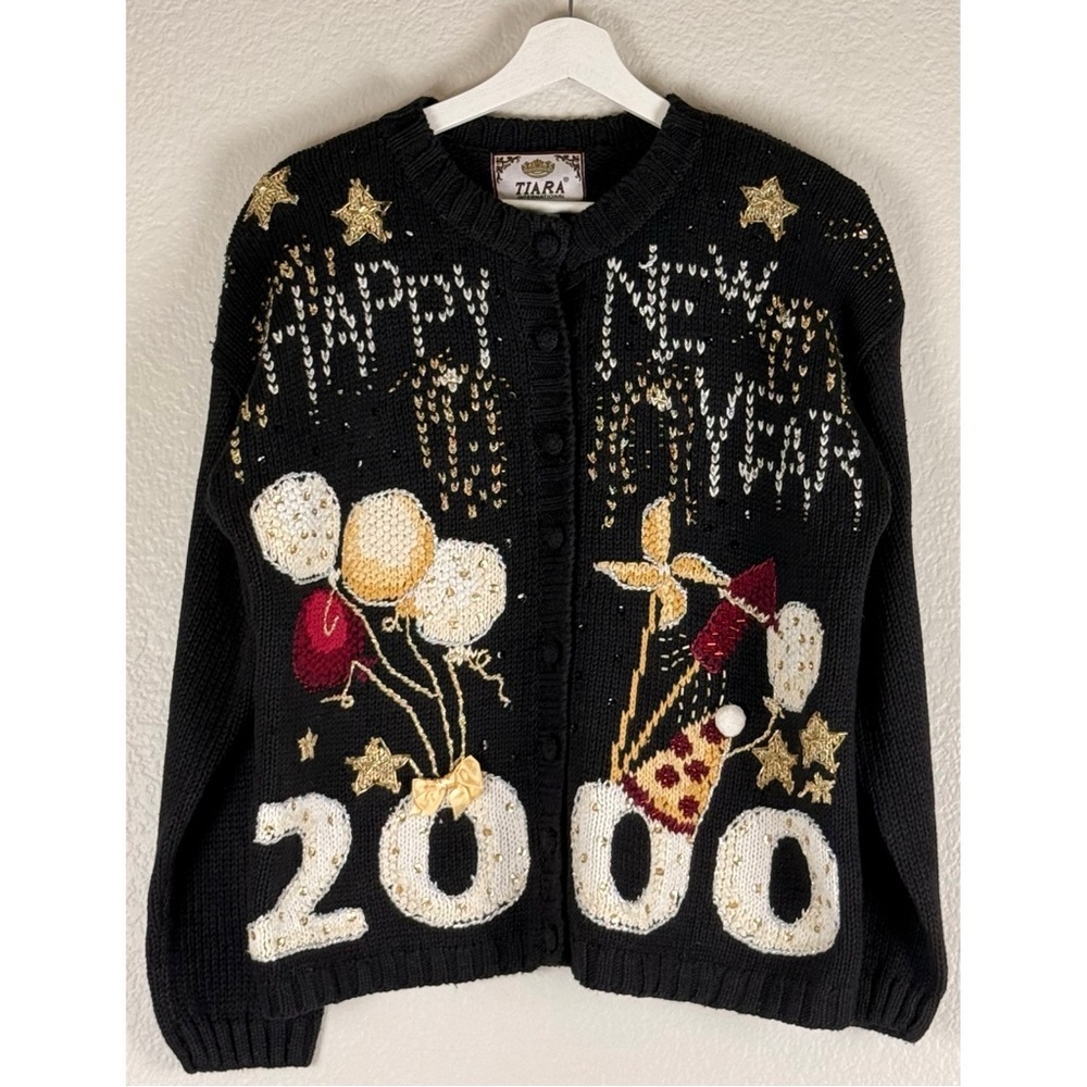Tiara Vintage 90s Y2K Novelty New Years Eve Ugly Sweater Cardigan Celebration